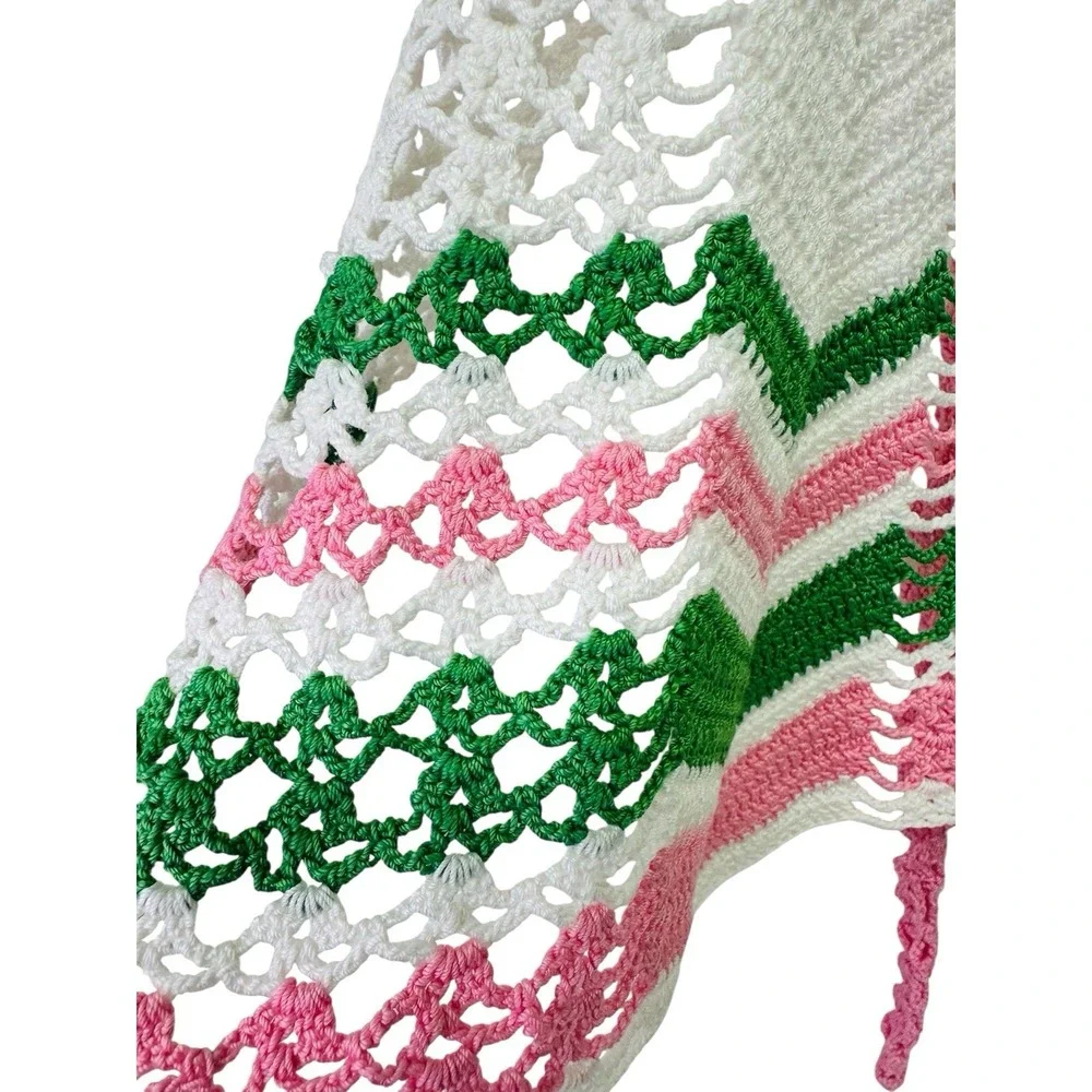 Vintage Hand Crochet Kitchen‎ Apron Cottage Core Granny Tea Party Pink Green